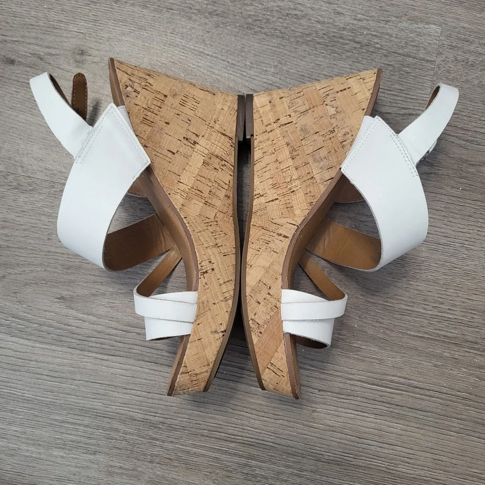 Franco Sarto Womens White Leather Cork Wedge Platform Sandals Strappy Buckle 8